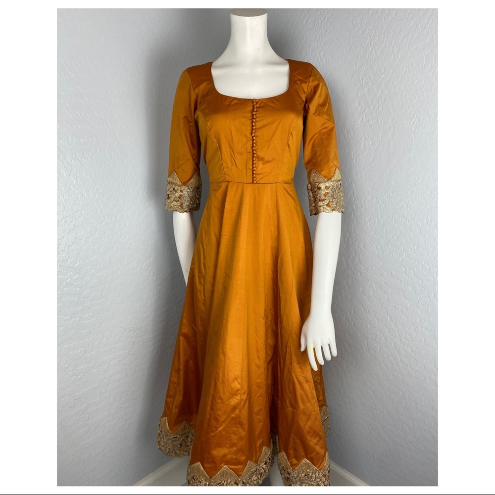 Vintage Orange With Gold Trim Indian Bollywood Fit & Flare Dress